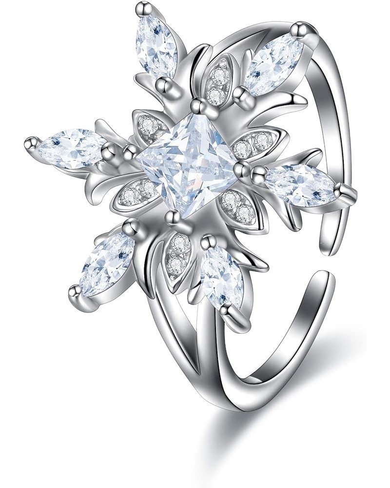 925 Sterling Silver CZ Winter Accessory Sparkle Snowflake Flower Adjustable Cuff Ring White $9.84 Rings