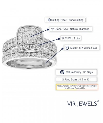 2 cttw Diamond Wedding Engagement Ring Set 14K White Gold Bridal Style Cushion $792.21 Sets