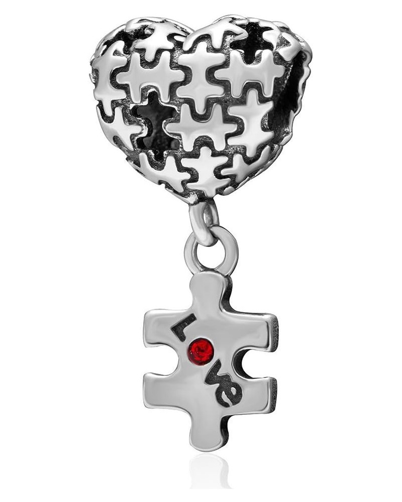 Autism Awareness Charm Puzzle Charm 925 Sterling Silver Red Heart Charm Love Charm for Pandora Bracelet $11.39 Bracelets