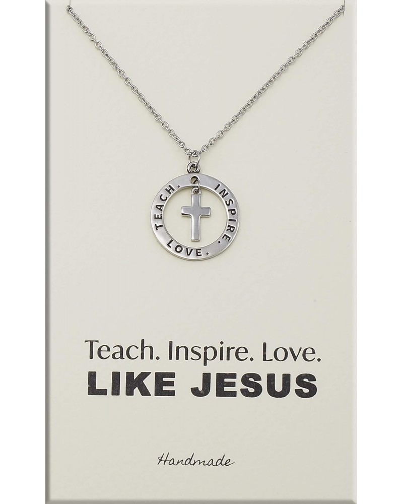 Circle Pendant with Cross Necklace, Teach Love Inspire, Religious Jewelry, Teacher Appreciation Gifts with Inspirational Gree...