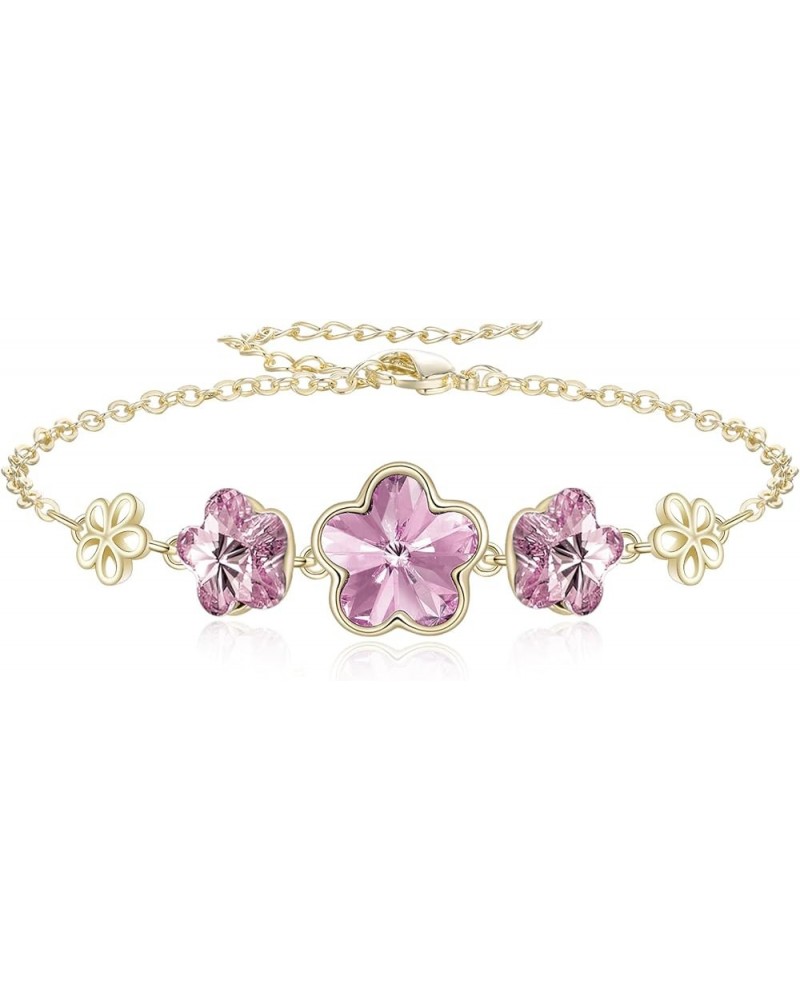 Austrian Crystal 3 Flowers Heart Charm Adjustable Link Bracelet Gifts for Women Girls Birthday Light Purple Gold-Tone $9.90 B...