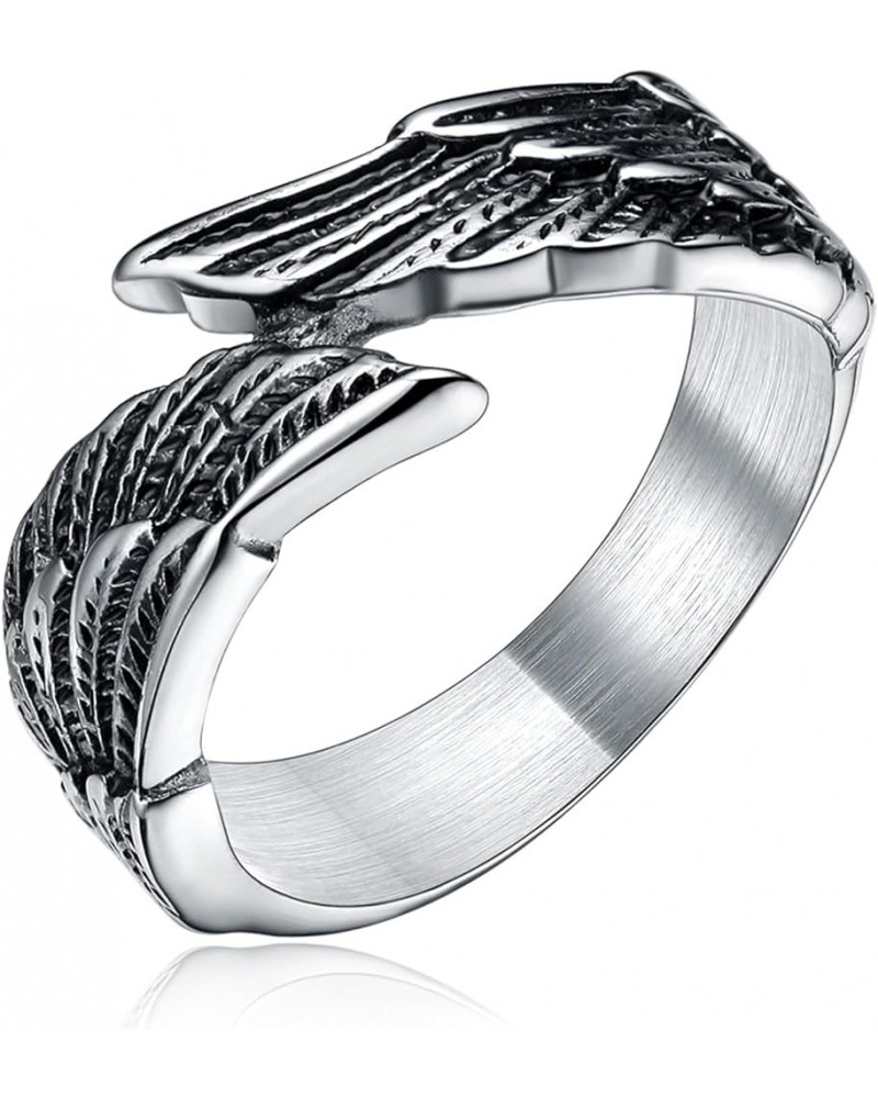 Antique Stainless Steel Ring Feather Angel Wing Cast Black Silver Band Size 4.5-14.5 Black $8.24 Rings