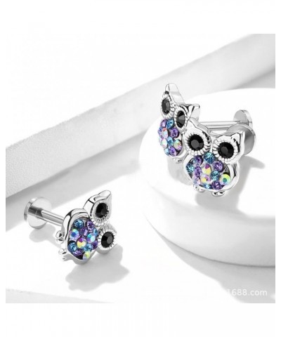 Cute Owl Labret Monroe Stud for Women Girls Men Unisex 361L Surgical Stainless Steel Cubic Zirconia Colorful Crystal Bird Ani...